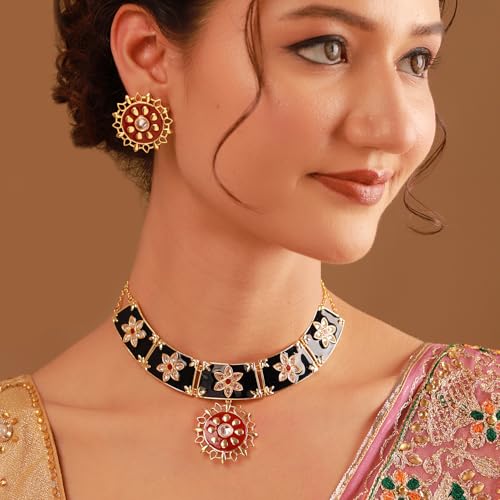VOYLLA Gota Patti Rajsi Phool Necklace Set For Women, Gold Jewellery Set, Gift For Women & Girls, Enamelled Jewellery, Festive, Puja, Wedding, Gifting - Image 3