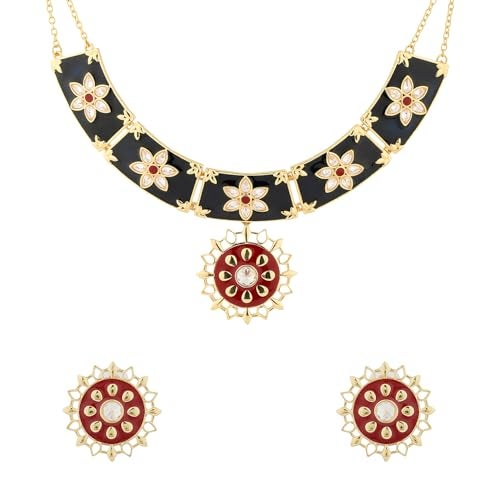 VOYLLA Gota Patti Rajsi Phool Necklace Set For Women, Gold Jewellery Set, Gift For Women & Girls, Enamelled Jewellery, Festive, Puja, Wedding, Gifting - Image 1