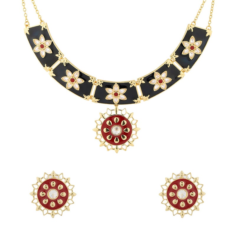 VOYLLA Gota Patti Rajsi Phool Necklace Set For Women, Gold Jewellery Set, Gift For Women & Girls, Enamelled Jewellery, Festive, Puja, Wedding, Gifting - Image 4