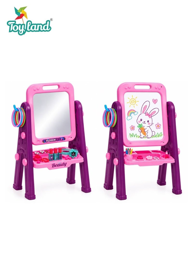 Toy Land 3-in-1 Kids Vanity Mirror & Drawing Board Playset with Reversible Art Board, Beauty Accessories & Ring Toss Game – Pretend Makeup Dressing Table, Creative Doodle Activity Toy for Ages 3+ - Image 1