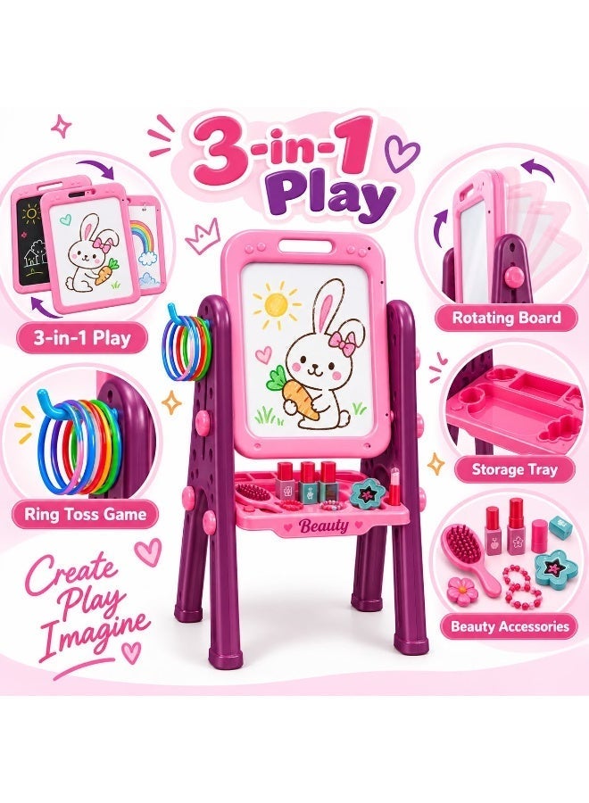 Toy Land 3-in-1 Kids Vanity Mirror & Drawing Board Playset with Reversible Art Board, Beauty Accessories & Ring Toss Game – Pretend Makeup Dressing Table, Creative Doodle Activity Toy for Ages 3+ - Image 2