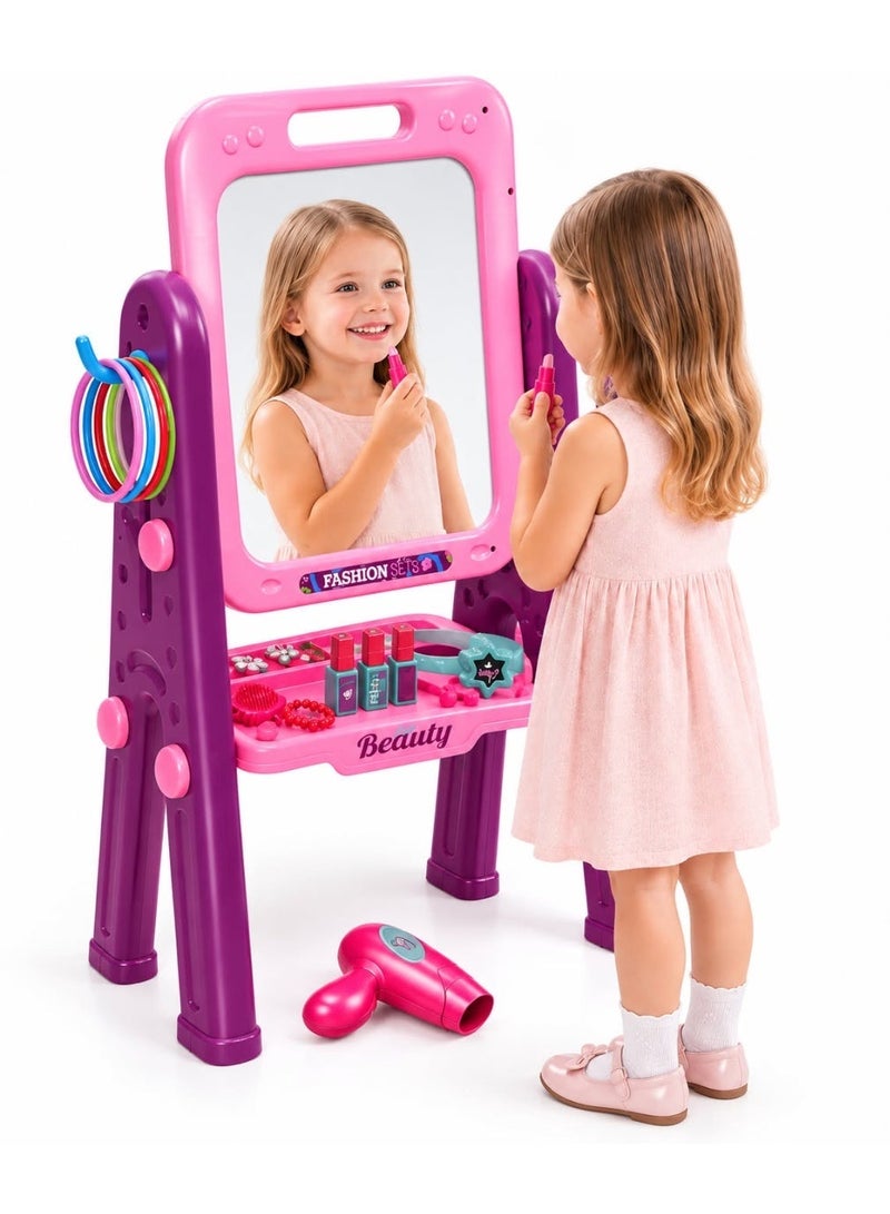 Toy Land 3-in-1 Kids Vanity Mirror & Drawing Board Playset with Reversible Art Board, Beauty Accessories & Ring Toss Game – Pretend Makeup Dressing Table, Creative Doodle Activity Toy for Ages 3+ - Image 3