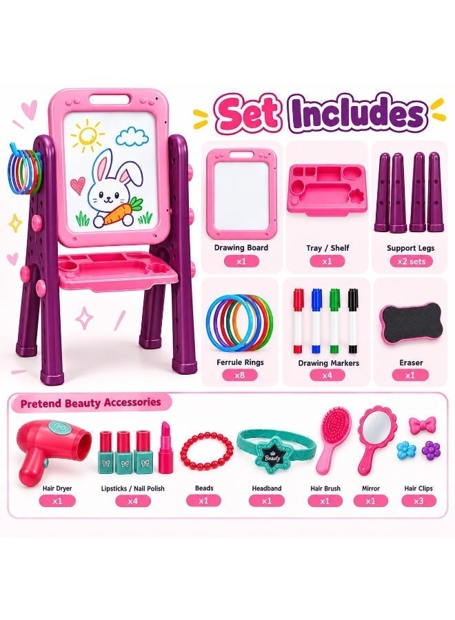 Toy Land 3-in-1 Kids Vanity Mirror & Drawing Board Playset with Reversible Art Board, Beauty Accessories & Ring Toss Game – Pretend Makeup Dressing Table, Creative Doodle Activity Toy for Ages 3+ - Image 5