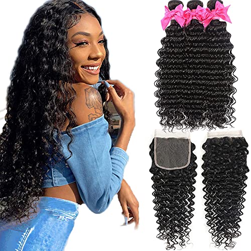 Aatifa Deep Wave Bundles with Closure 9A 100% Unprocessed Virgin Human Hair Deep Wave Bundles with Closure 4x4 Free Part Lace Closure and Bundles Human Hair Extensions (22/24/26+20 Inch) - Image 1