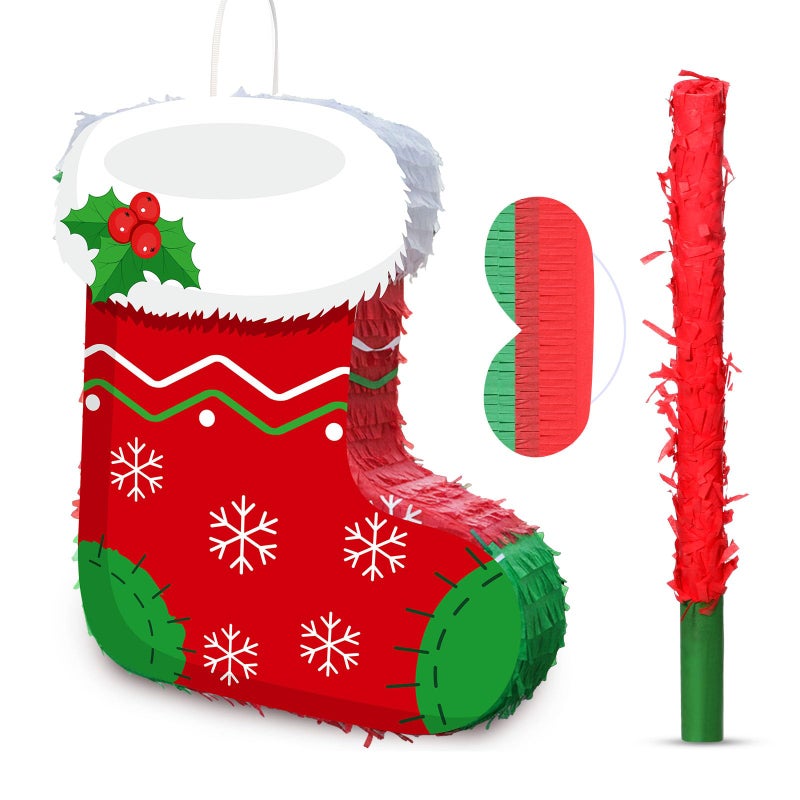 Harrycle Christmas Stocking Piata 16 Inch Christmas Mexican Piata with Stick Blindfold Pack Xmas Bundle for Xmas Birthday Holiday Party Game Container Favor Photo Prop Decoration - Image 3