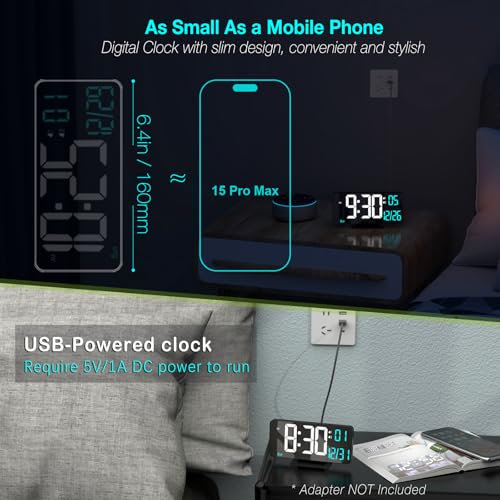 KOSUMOSU Digital Alarm Clock 6.7in Black Clock for Bedroom, Dual Alarm, Date, Seconds,Day of Week,12/24h,Dimming, Temp, Desk Clock, LED Clock for Living Room, Calendar Digital Clock - Image 2