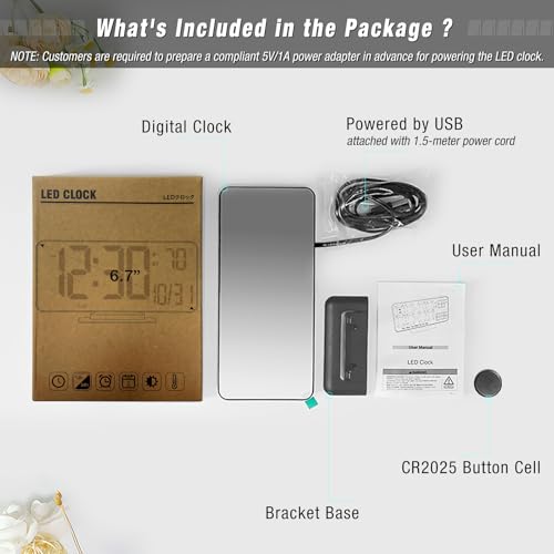 KOSUMOSU Digital Alarm Clock 6.7in Black Clock for Bedroom, Dual Alarm, Date, Seconds,Day of Week,12/24h,Dimming, Temp, Desk Clock, LED Clock for Living Room, Calendar Digital Clock - Image 4