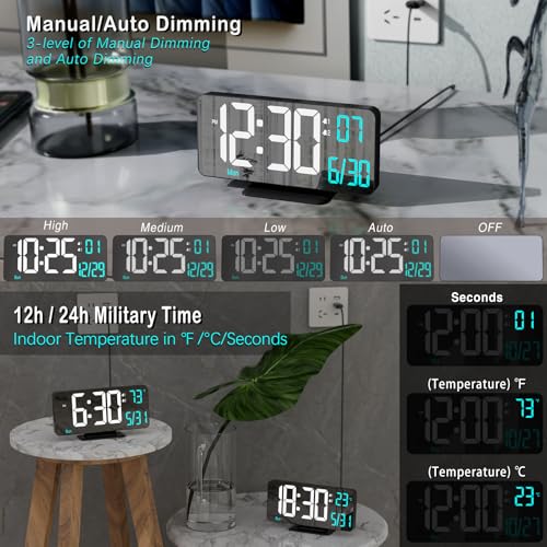 KOSUMOSU Digital Alarm Clock 6.7in Black Clock for Bedroom, Dual Alarm, Date, Seconds,Day of Week,12/24h,Dimming, Temp, Desk Clock, LED Clock for Living Room, Calendar Digital Clock - Image 3