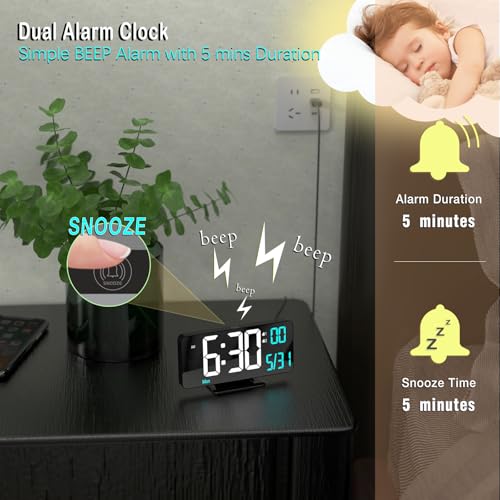 KOSUMOSU Digital Alarm Clock 6.7in Black Clock for Bedroom, Dual Alarm, Date, Seconds,Day of Week,12/24h,Dimming, Temp, Desk Clock, LED Clock for Living Room, Calendar Digital Clock - Image 5