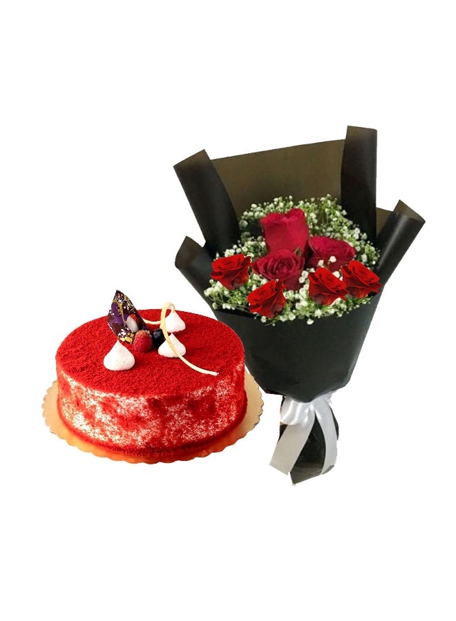 Carmel Flowers 1 كجم كعكة ريد فلفت مع 7 ورود حمراء