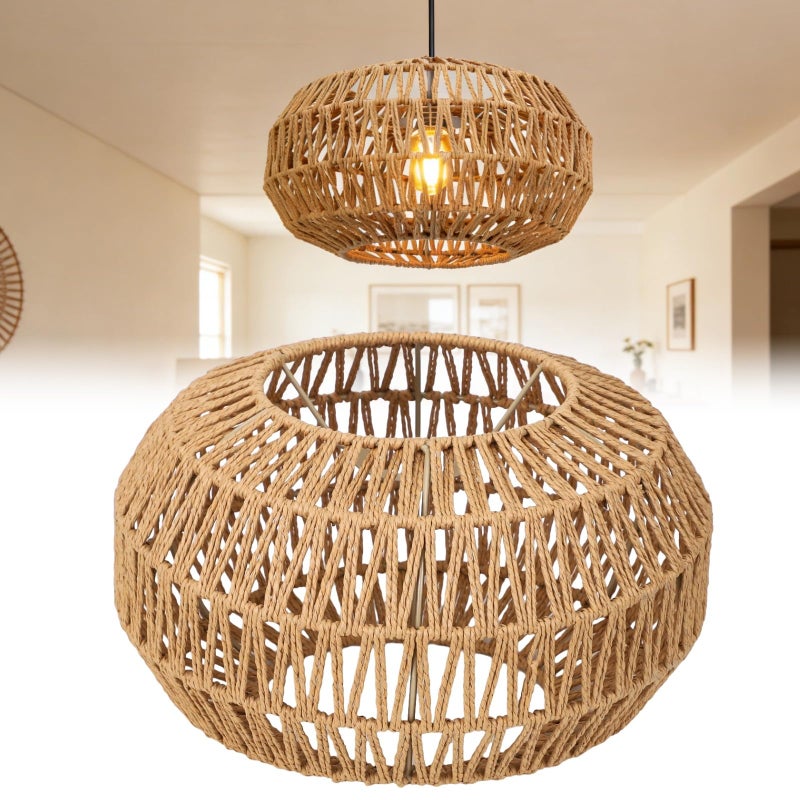 COSYOO Pendant Light Shade,11.81 x 7.19 in Rattan Lamp Shade Woven Natural Paper Rope Lamp Shades,Handmade Rustic Boho Ceiling Lights Covers for Dining Room,Home Decor,Bedroom,Office,Hotel - Image 1