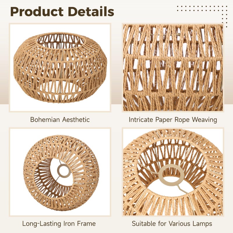 COSYOO Pendant Light Shade,11.81 x 7.19 in Rattan Lamp Shade Woven Natural Paper Rope Lamp Shades,Handmade Rustic Boho Ceiling Lights Covers for Dining Room,Home Decor,Bedroom,Office,Hotel - Image 4