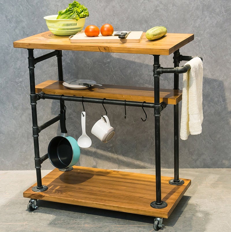 Industrial Portable Kitchen Island on WheelsBar Carts for the Home Wine Bar Beverage Coffee CartMetal Rolling kitchen carts and islandsWood and Pipe 3Tier Butcher Block Island Food Serving Cart