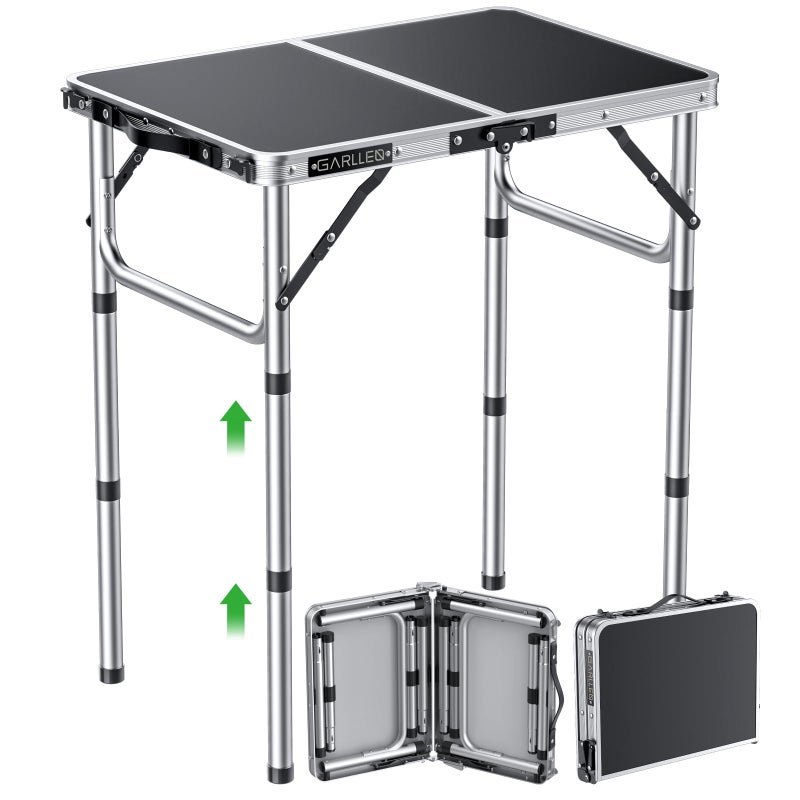 GARLLEN 2ft Folding Camping Table, Portable Folding Picnic Table with 3-Height Adjustable, Lightweight Aluminum Outdoor Tables for BBQ, Camping, Cooking, 22.8" L x 15.7" W, Silver - Image 1