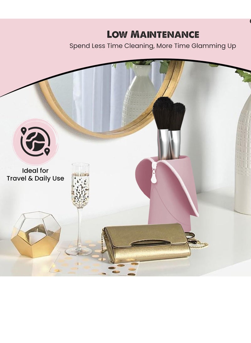 Excefore Travel Makeup Brush Organizer Holder, Silicon Makeup Brush Case, Cute Travel Make Up Brush Holder For Women, Self Standing for Makeup Brushes and Small Cosmetics, Washable (Pink) - Image 4