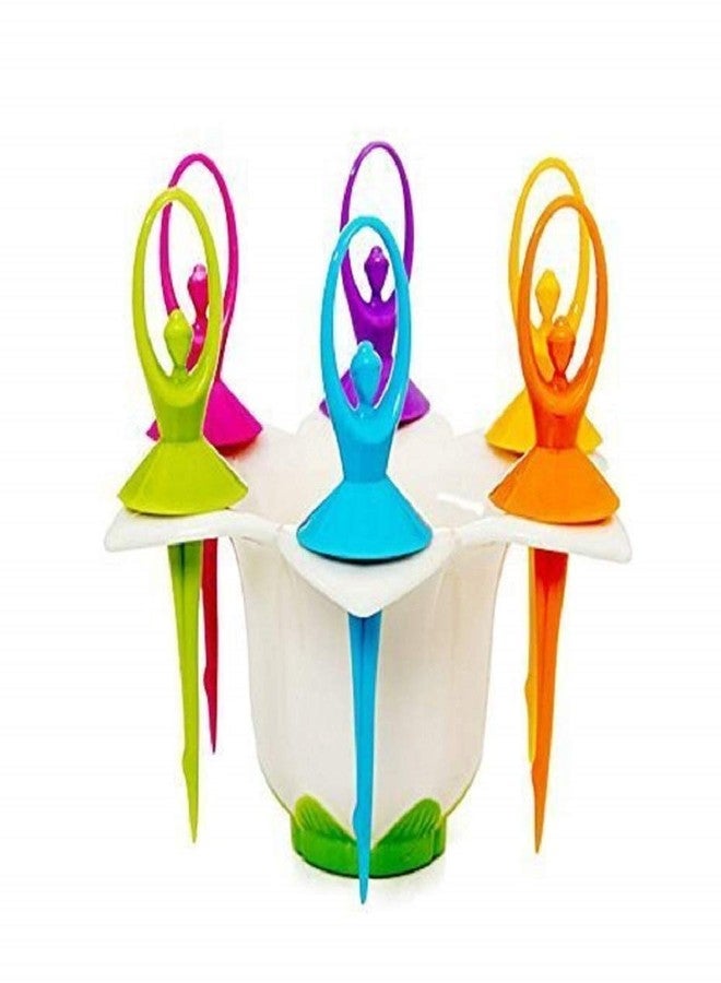 param Multicolour Fiber Dancing Doll Fruit Fork Cutlery Set with Stand Set of 6 - Image 2