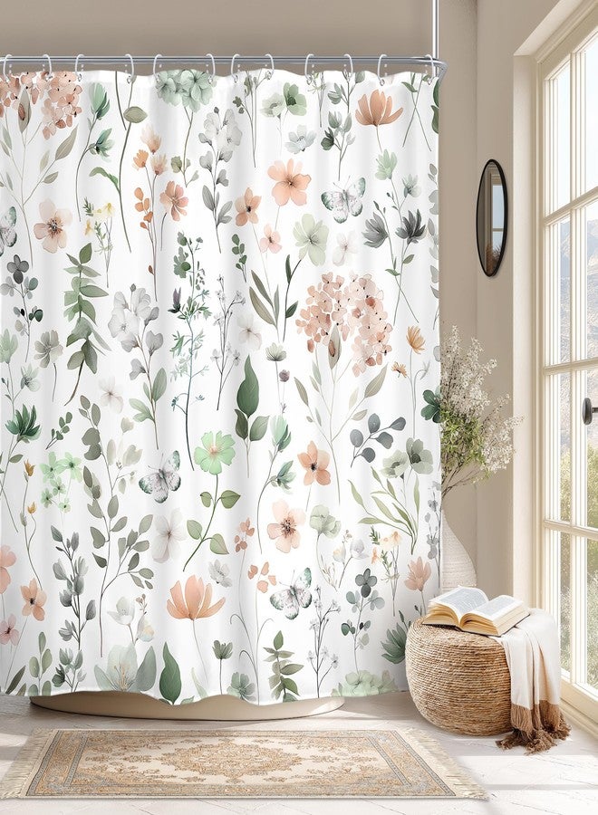 AMBZEK Cute Green Pink Floral Shower Curtain, Spring Watercolor Wildflower Boho Design,Funky Cottagecore Plants Artwork Fabric, Waterproof Polyester Bathroom Decor Set with 12 Hooks, 72" W x 72" L - Image 1