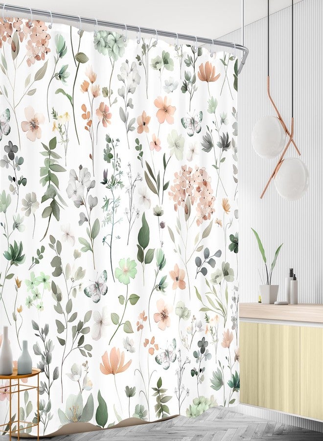 AMBZEK Cute Green Pink Floral Shower Curtain, Spring Watercolor Wildflower Boho Design,Funky Cottagecore Plants Artwork Fabric, Waterproof Polyester Bathroom Decor Set with 12 Hooks, 72" W x 72" L - Image 3