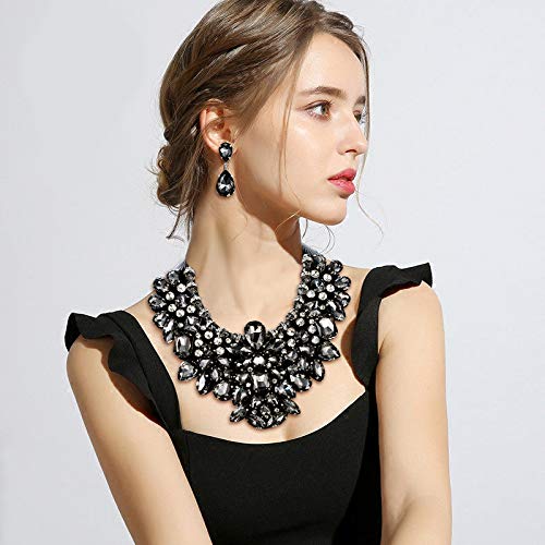 Flyonce Costume Jewelry for Women, Rhinestone Crystal Statement Necklace Earrings Set Dark Black - Image 3