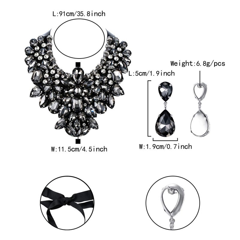 Flyonce Costume Jewelry for Women, Rhinestone Crystal Statement Necklace Earrings Set Dark Black - Image 5