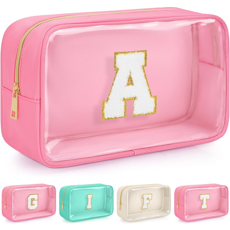 WELIDAY Initial Birthday Gifts Clear Makeup Bag, Preppy Chenille Patch Cosmetic Bag, Birthday Gift Travel Toiletry Pouch, Ideal Gift for Women, Girls, Teachers & Moms (Pink, A) - Image 1