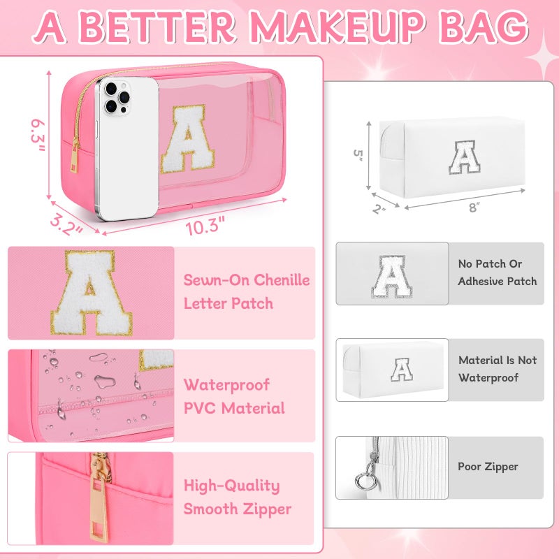 WELIDAY Initial Birthday Gifts Clear Makeup Bag, Preppy Chenille Patch Cosmetic Bag, Birthday Gift Travel Toiletry Pouch, Ideal Gift for Women, Girls, Teachers & Moms (Pink, A) - Image 2