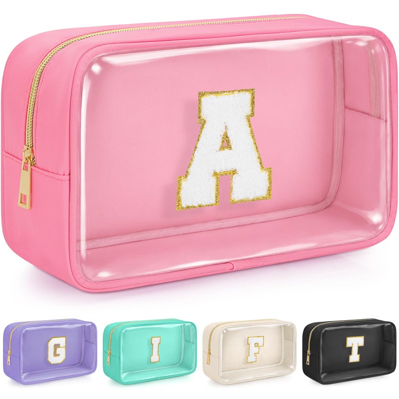 WELIDAY Initial Clear Makeup Bag, Birthday Gift Preppy Chenille Patch Cosmetic Bag, Initial Travel Essentials Beach Toiletry Pouch, Ideal Gift for Teachers & Moms, Women and Girls (Pink, A) - Image 1