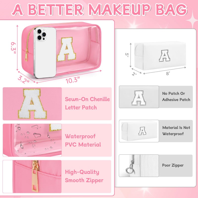 WELIDAY Initial Clear Makeup Bag, Birthday Gift Preppy Chenille Patch Cosmetic Bag, Initial Travel Essentials Beach Toiletry Pouch, Ideal Gift for Teachers & Moms, Women and Girls (Pink, A) - Image 2