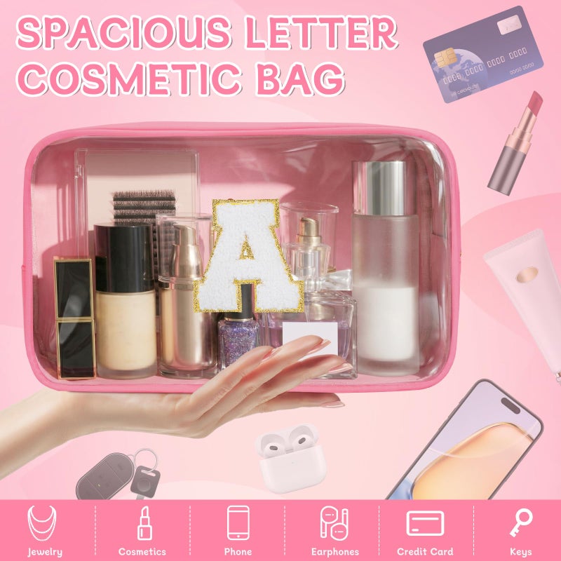 WELIDAY Initial Clear Makeup Bag, Birthday Gift Preppy Chenille Patch Cosmetic Bag, Initial Travel Essentials Beach Toiletry Pouch, Ideal Gift for Teachers & Moms, Women and Girls (Pink, A) - Image 5