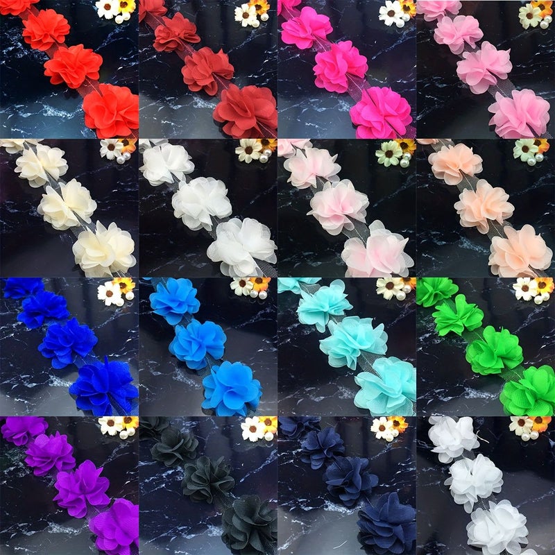 1 Yard 3D Floral Chiffon Lace Bridal Applique Trim For Sewing - Image 1