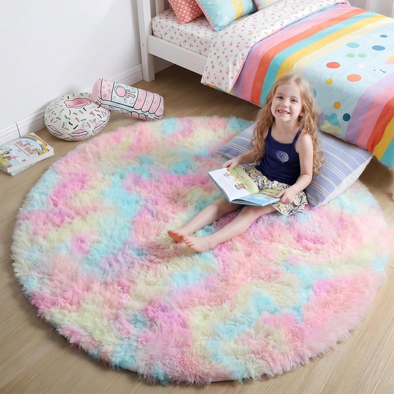 Amdrebio Fluffy Round Carpet for Girls Room Decorative Colorful Pastel for Playroom Nursery Cute Fur Kawaii Unicorn Princess 213cm Rainbow - Image 1
