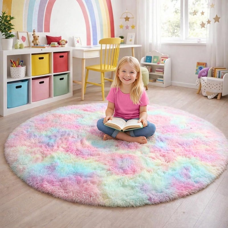 Amdrebio Fluffy Round Carpet for Girls Room Decorative Colorful Pastel for Playroom Nursery Cute Fur Kawaii Unicorn Princess 213cm Rainbow - Image 3