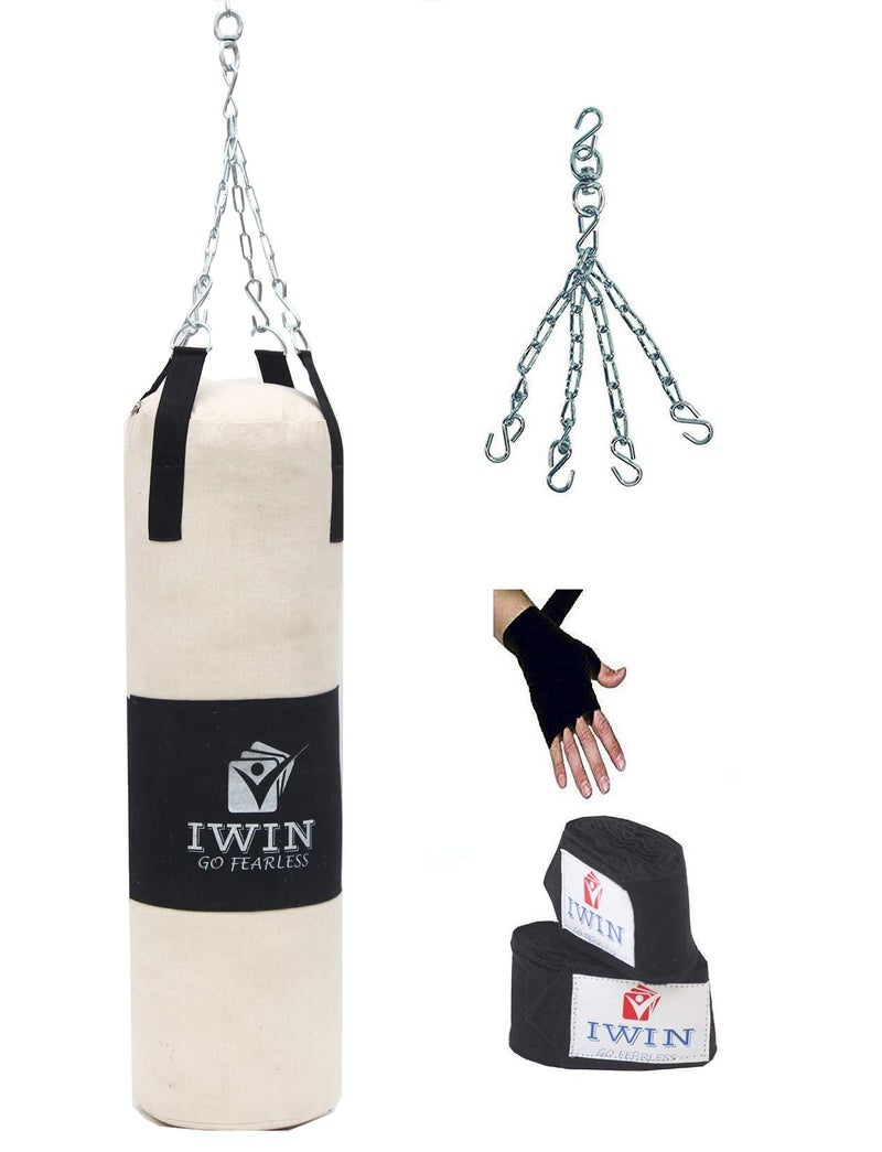 IWIN Unfilled Canvas Punching Bag Combo with Boxing Wrap (42" (3.5Ft)), White - Image 5