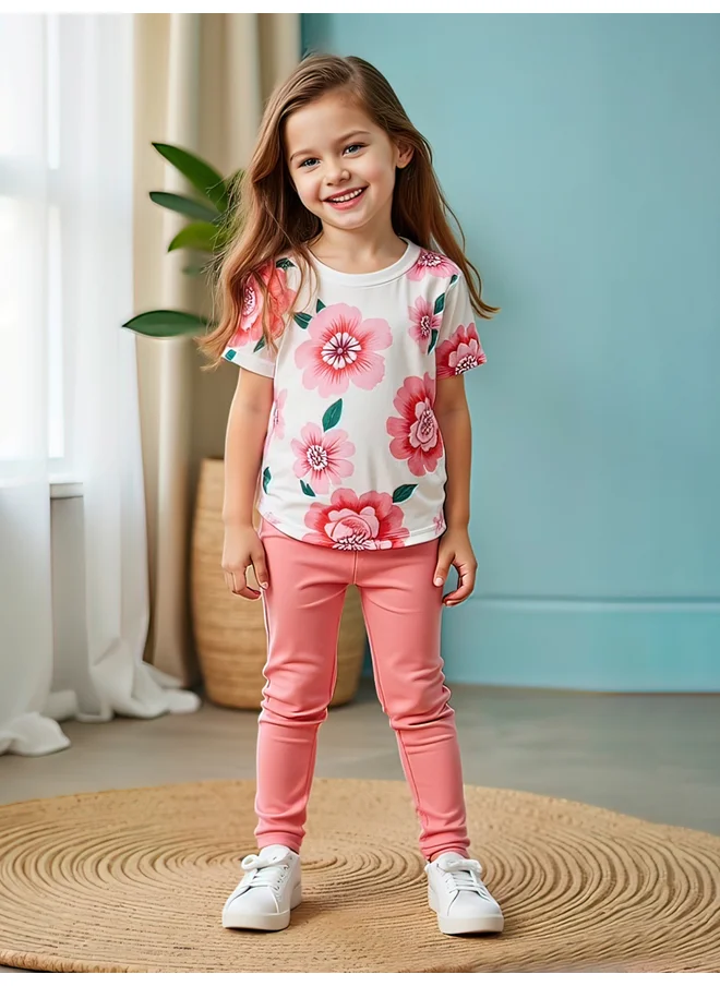 تايك تو Take Two Kids 2pcs Flora Print Short Sleeve T-Shirt and Solid Leggings