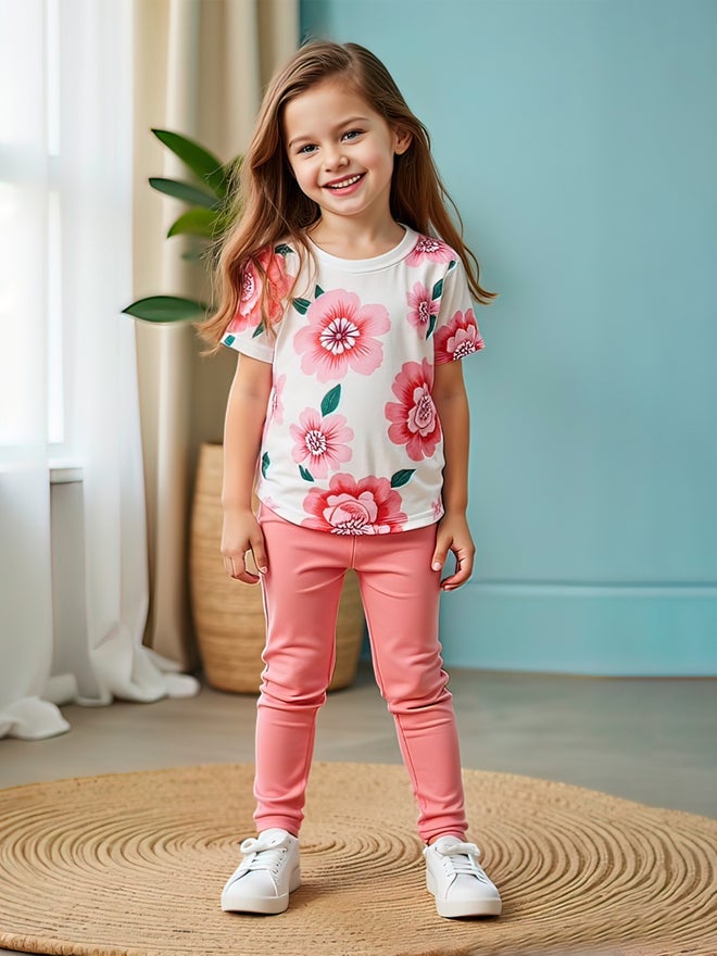 Take Two Kids 2pcs Flora Print Short Sleeve T-Shirt and Solid Leggings - Image 1