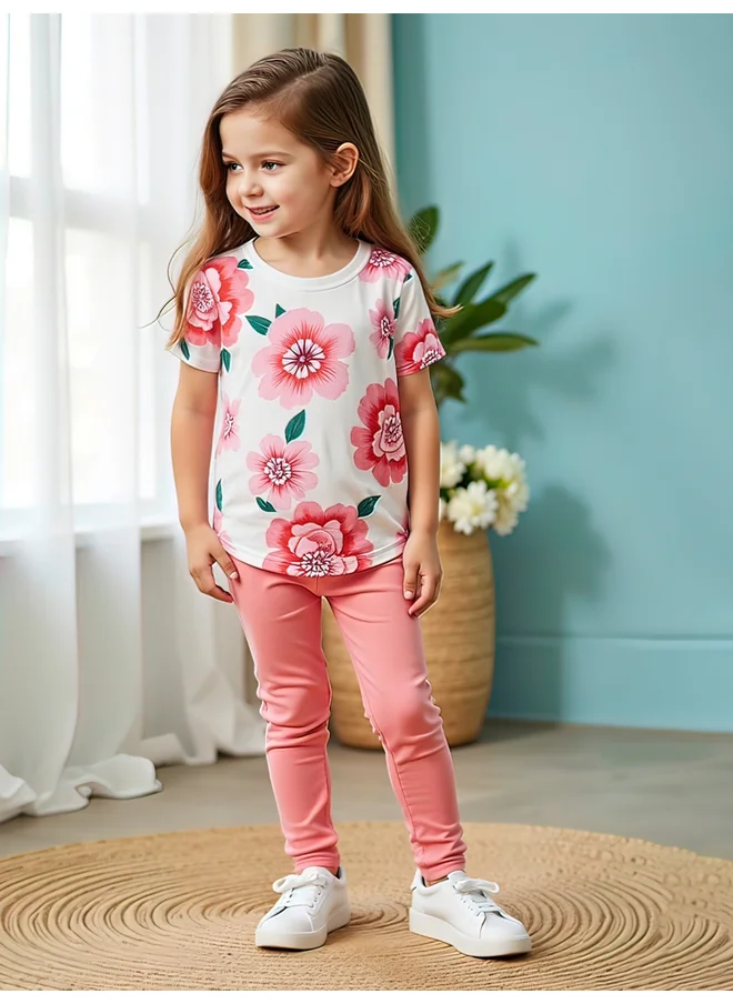 تايك تو Take Two Kids 2pcs Flora Print Short Sleeve T-Shirt and Solid Leggings