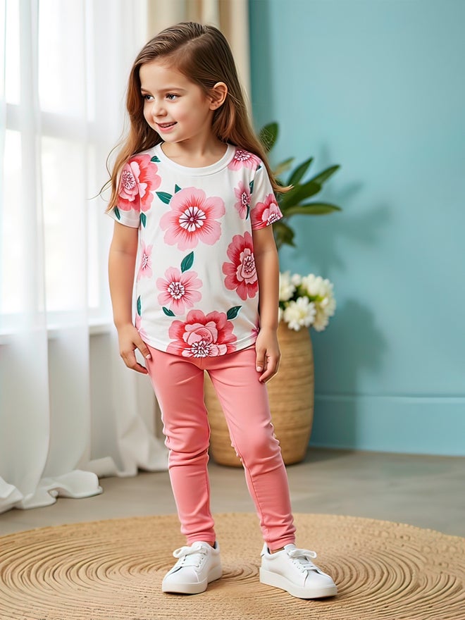 Take Two Kids 2pcs Flora Print Short Sleeve T-Shirt and Solid Leggings - Image 2
