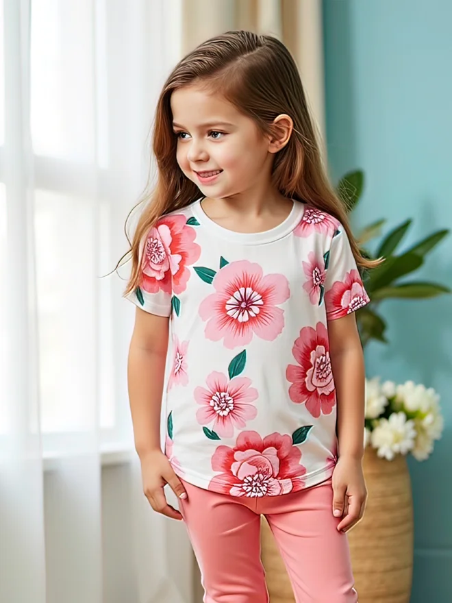 Styli Styli Kids 2pcs Flora Print Short Sleeve T-Shirt and Solid Leggings
