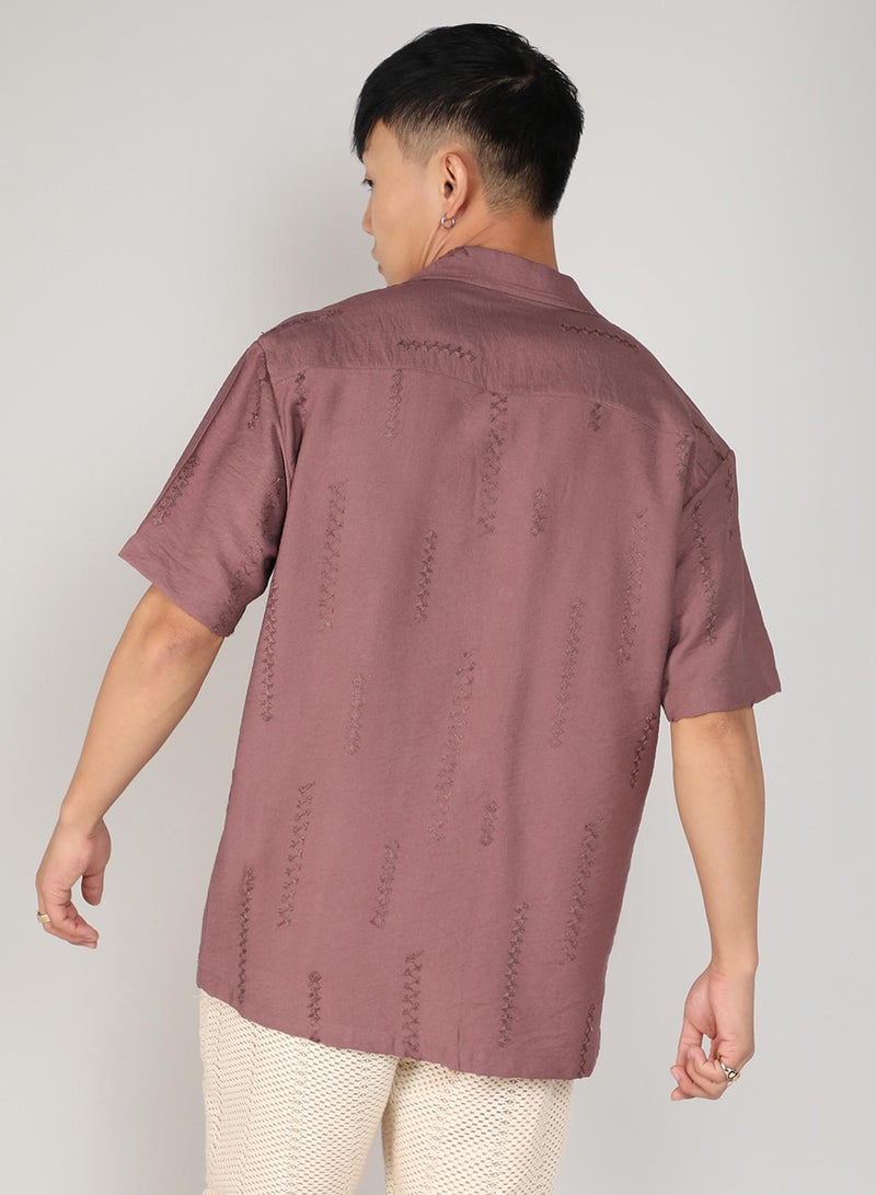 Campus Sutra Campus Sutra Men's Mocha Brown Embroidered Twist Shirt For Casual Wear | Cuban Collar | Short Sleeve | Button Closure | Shirt Crafted With Comfort Fit For Everyday Wear  - Image 5