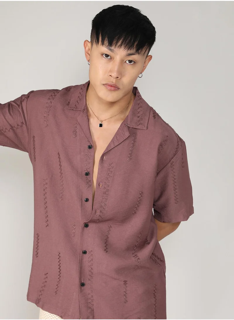 Campus Sutra Campus Sutra Men's Mocha Brown Embroidered Twist Shirt For Casual Wear | Cuban Collar | Short Sleeve | Button Closure | Shirt Crafted With Comfort Fit For Everyday Wear