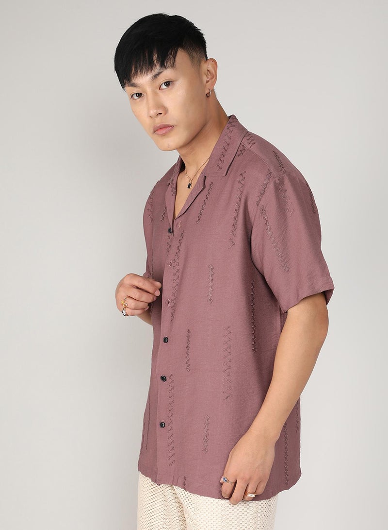 Campus Sutra Campus Sutra Men's Mocha Brown Embroidered Twist Shirt For Casual Wear | Cuban Collar | Short Sleeve | Button Closure | Shirt Crafted With Comfort Fit For Everyday Wear  - Image 3