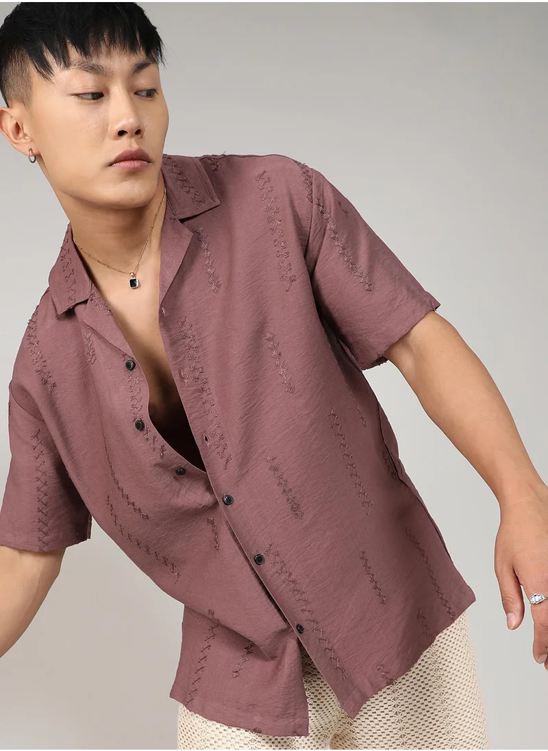 Campus Sutra Campus Sutra Men's Mocha Brown Embroidered Twist Shirt For Casual Wear | Cuban Collar | Short Sleeve | Button Closure | Shirt Crafted With Comfort Fit For Everyday Wear