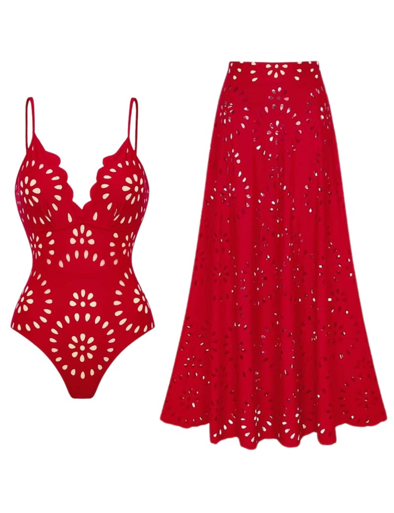 FLAXMAKER Women's One Piece Bathing Suit Petal Hollow V Neck Swimsuit and Skirt(Red,M)