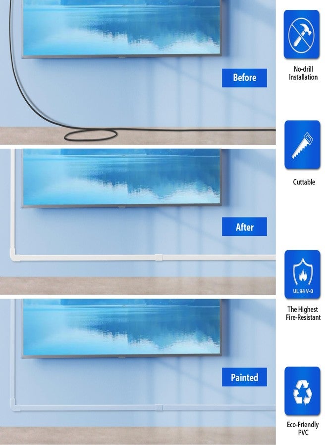 ZhiYo Cord Hider Wall for One Cord, 136in Cord Covers for Wires on Wall, Easy Install Cable Cover Wall, Cable Raceway White Hide Cords, Cable Hider Cord Management Wall, 8X L17in W0.6in H0.4in - Image 3