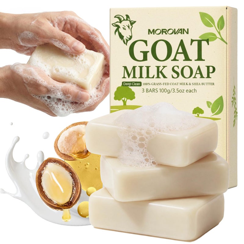 Morovan Goat Milk Soap Body Cleanser: Gently Cleansing & Moisturizing for All Skin Types 3 Bars 10.5oz Goat Soap Gentle Formula for Dry Skin, Eczema & Sensitive Skin Men & Women Daily Use - Image 1
