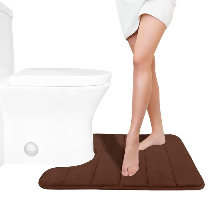 MEMORY FOAM TOILET BATH MAT U-SHAPED, SOFT AND COMFORTABLE, SUPER WATER ABSORBENT, NON-SLIP, MACHINE WASH AND EASY TO DRY FOR BATHROOM COMMODE CONTOUR RUG, 24 X 20 INCHES, BROWN