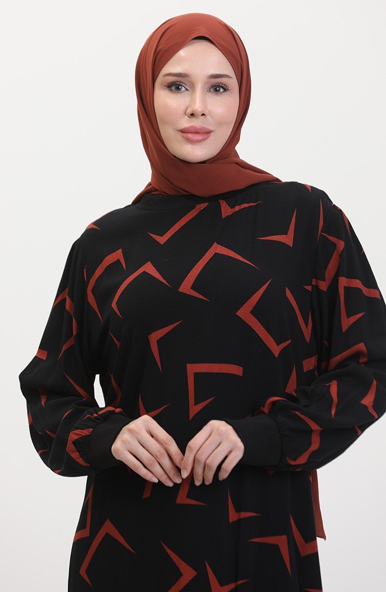 Sefa Merve Patterned Dress 0455-01 Black Brick  - Image 3