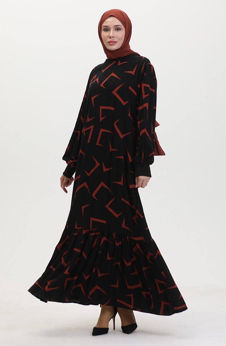 Sefa Merve Patterned Dress 0455-01 Black Brick  - Image 1