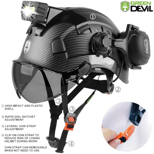 GREEN DEVIL خوذة أمان خضراء شيطانية مع واقي وجه وسماعات بلوتوث ومصباح رأس 5 في 1 حماية كاملة خوذة عمل مهوّاة ANSI Z89.1 خوذات بناء للصناعات الإنشائية والغابات - Image 5