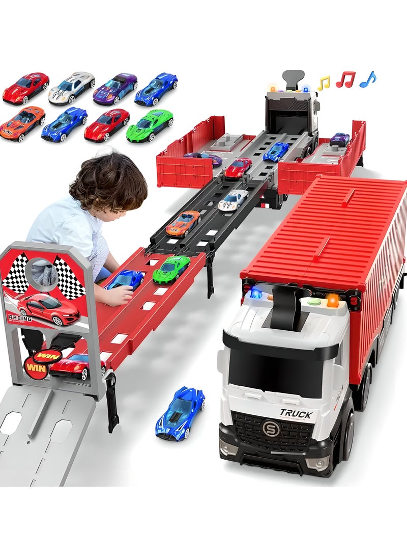 LIXADA Transforming Truck Transporter with Flashing Lights and Launching Race Track, Battery Powered with 8 Die-Cast Cars Included, Friction Push and Pull-back Operation, Plastic Space and Military Themed Playset for Ages 3-6  - Image 1